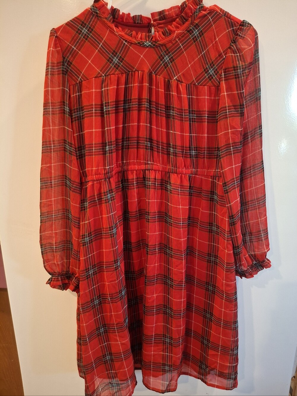 wonder nation Red Plaid Long Sleeve Ruffle Neck Dress
